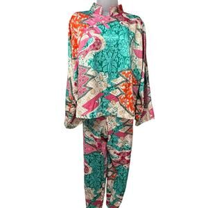 Natori Orient Express Size Large Mandarin Satin Pajama 2 Piece PJ Set Teal Multi